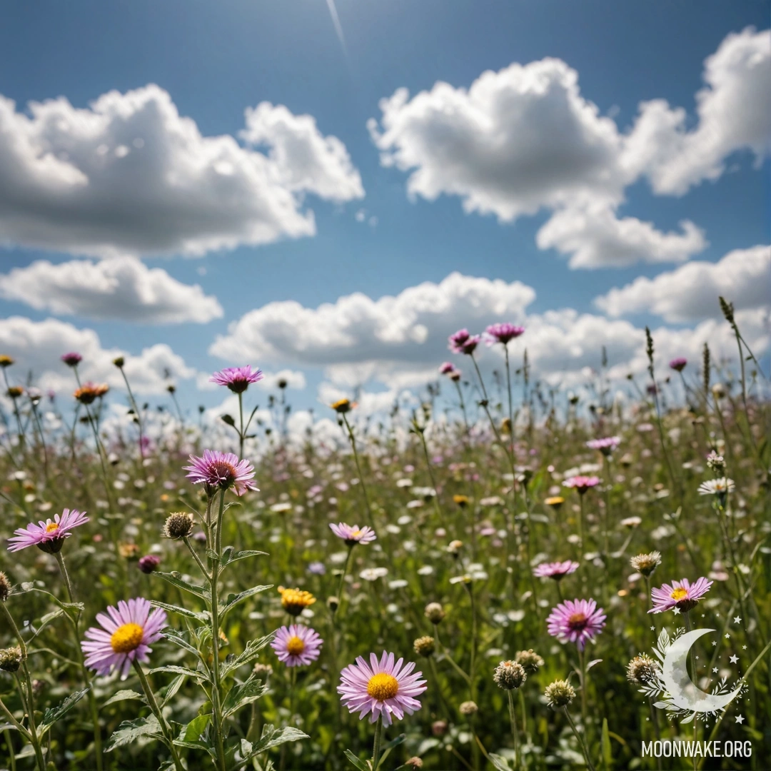 Sweet Field Flowers Against Bokeh Sky Close-up of delicate field flowers with a blurry sky background.