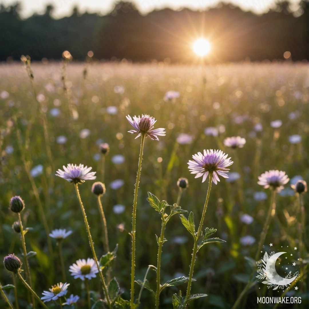 Close-up of sweet field flowers with a blurred background of more flowers and lens flares.