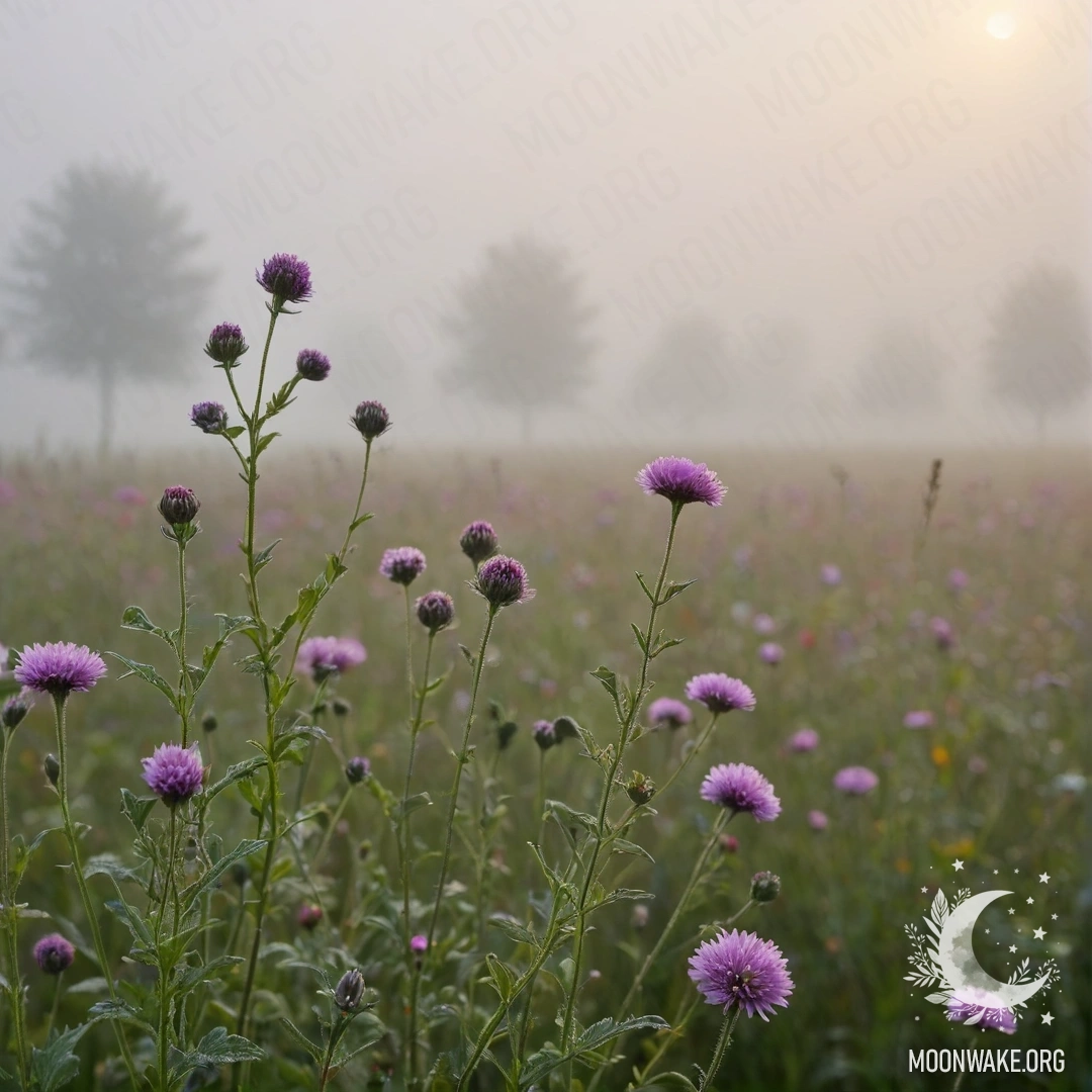 Close-up of delicate field flowers with a bokeh sky in the background, surrounded by heavy fog.