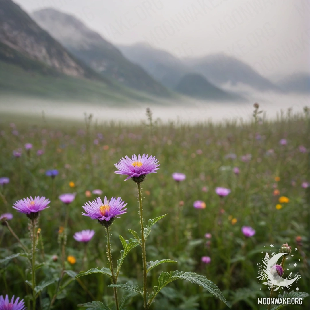 Close-up of sweet field flowers with mountains in the background, shrouded in heavy fog.