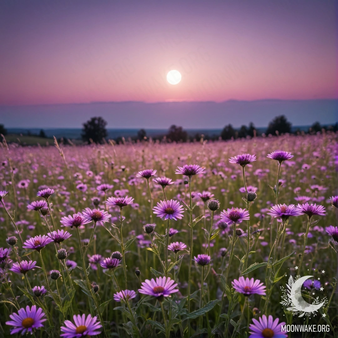 Close-up of sweet field flowers against a pink violet sky with the moon.