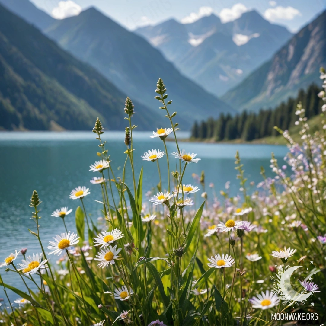 Close-up of delicate field flowers with a blurred mountain lake in the background on a sunny day.