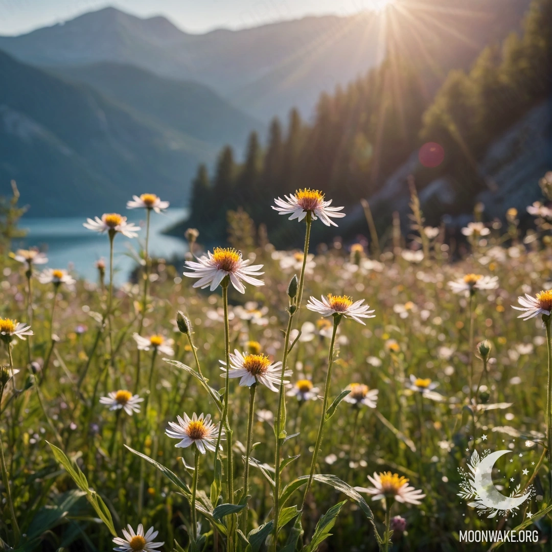 Close-up of sweet field flowers in front of a mountain lake with bokeh and lens flares.