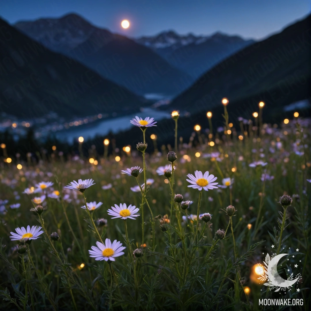 Close-up of sweet field flowers in front of blurred mountains at night.