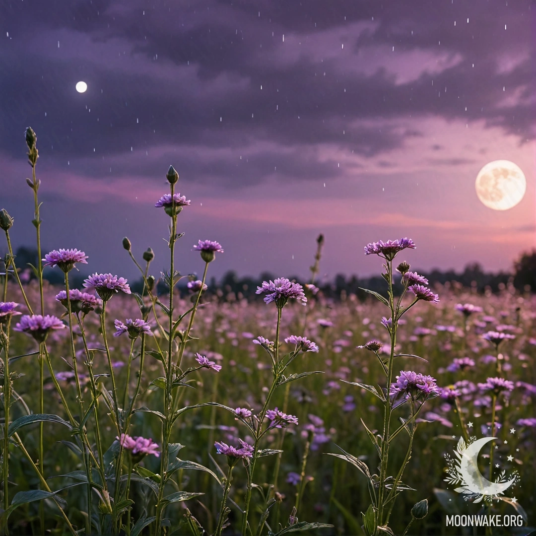 Close-up of sweet field flowers with a pink violet sky and the moon in the background