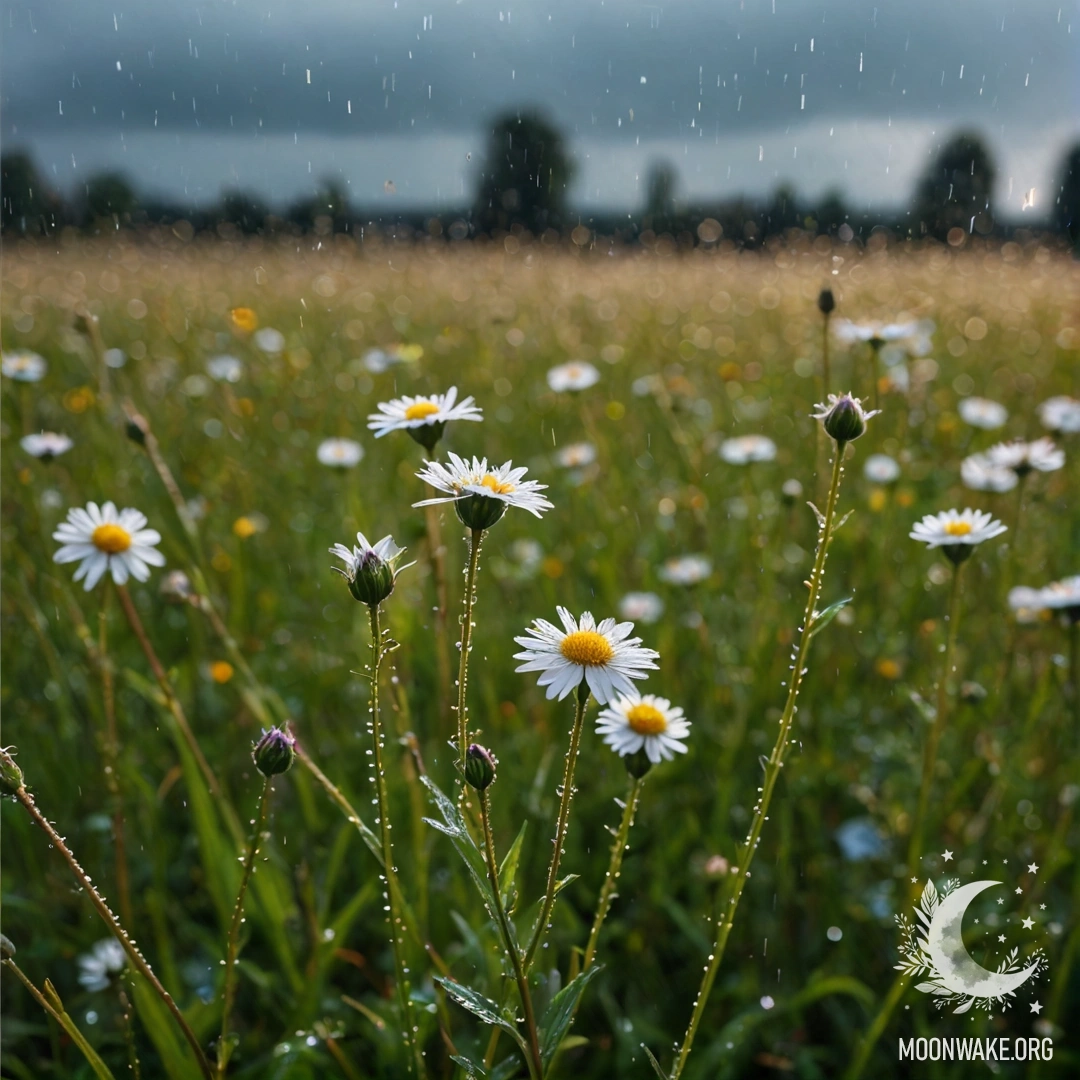 Close-up of delicate field flowers against a bokeh background with rain.