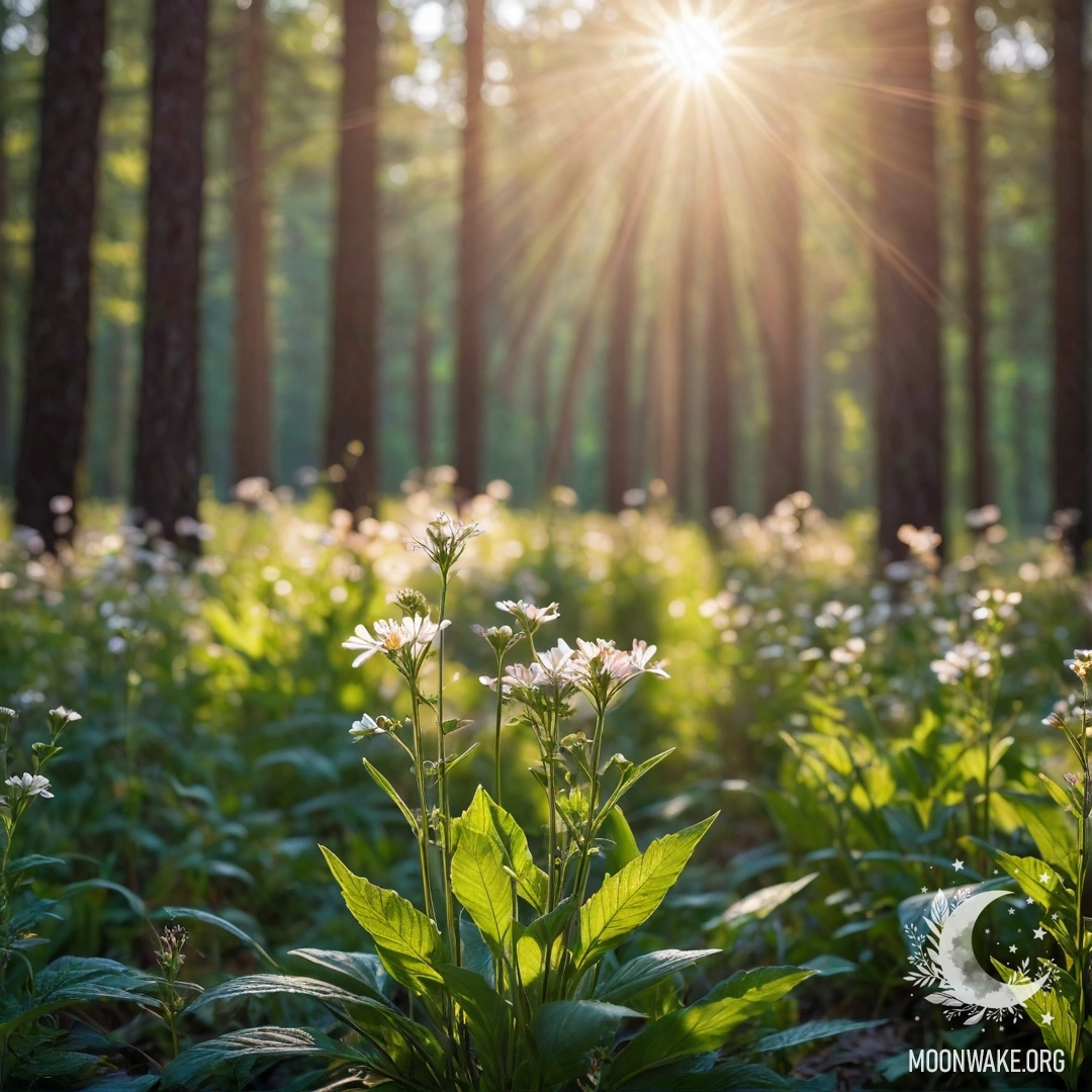 Close-up of sweet field flowers with a bokeh background of a sunlit forest.