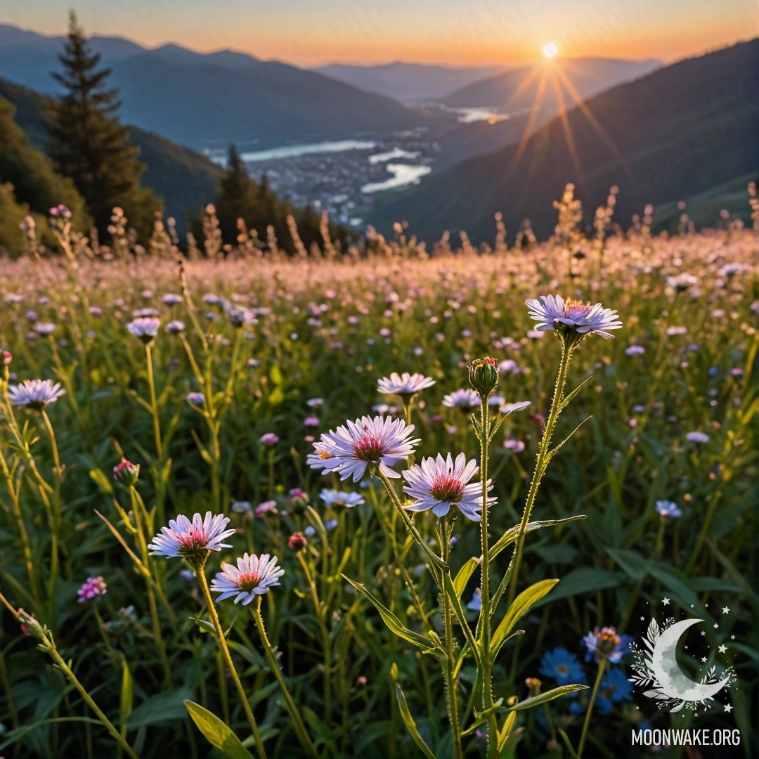 Sweet Field Flowers at Sunset Close-up of sweet field flowers in front of blurred mountains at sunset.