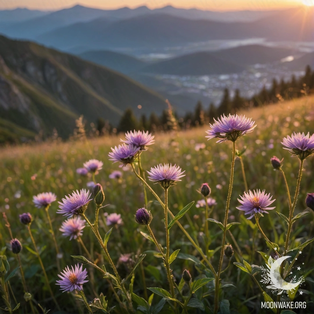 Sweet Field Flowers at Sunset Close-up of sweet field flowers with mountains in the blurred background during sunset.