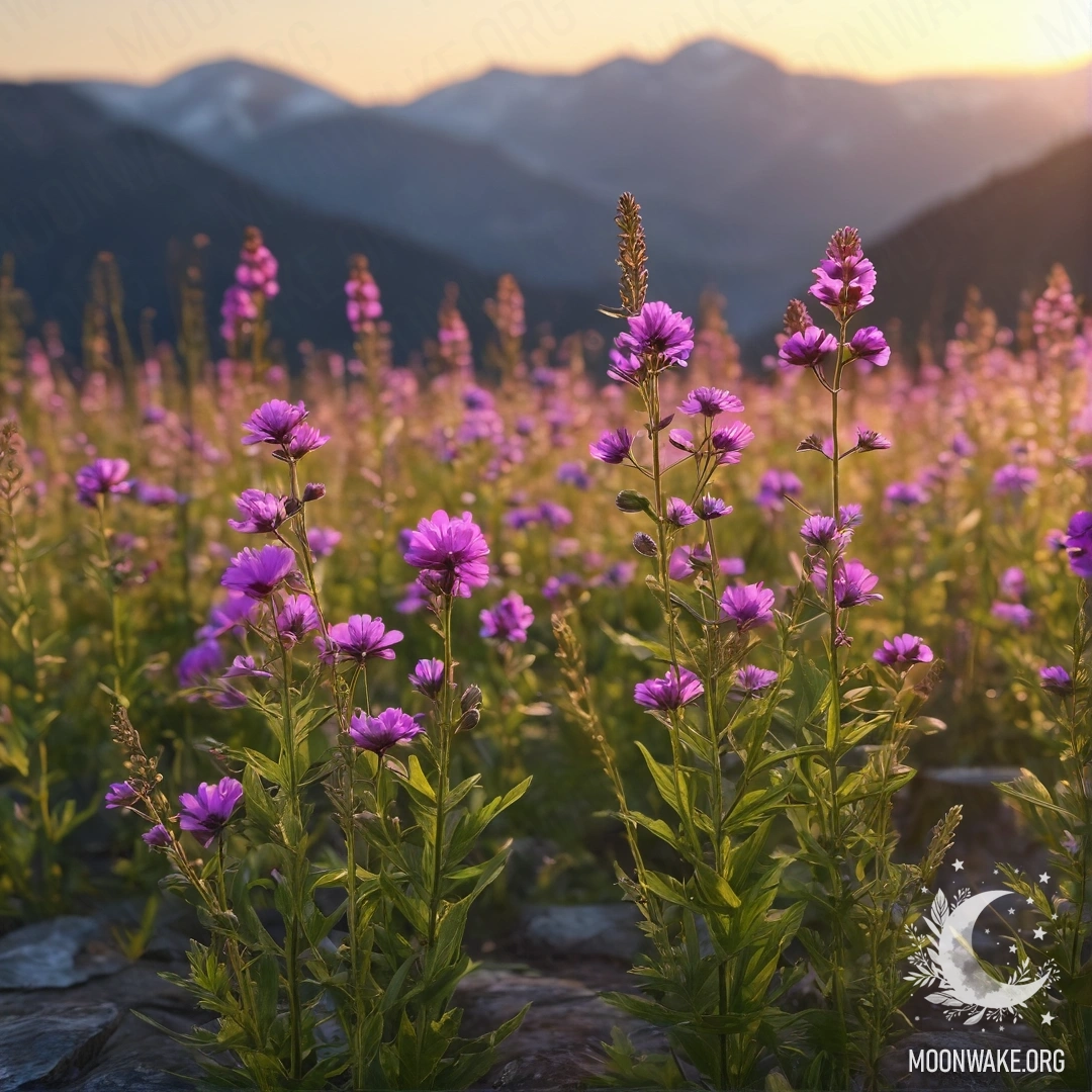 Close-up of delicate field flowers with a bokeh mountain backdrop during sunset.