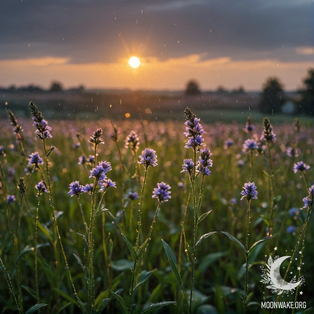 Close-up of delicate field flowers with a bokeh sunset background under rain.