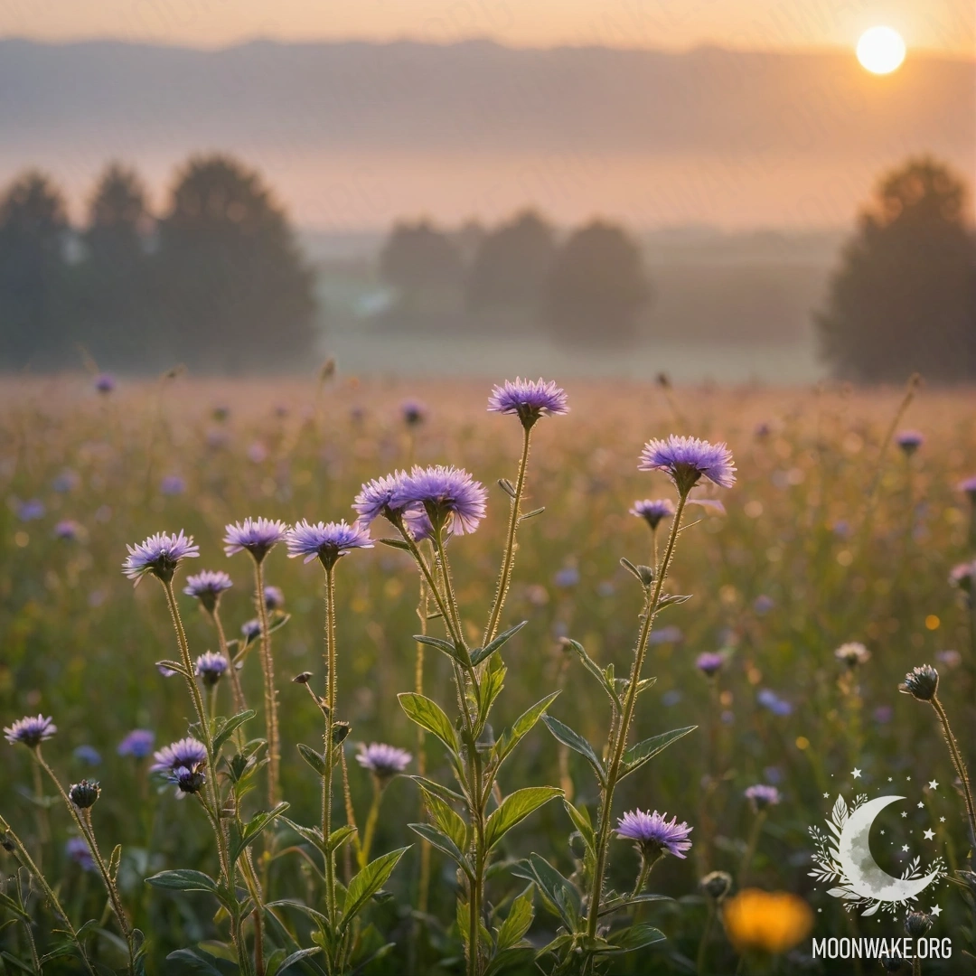 Close-up of delicate field flowers with a blurred background of fog and sunset.