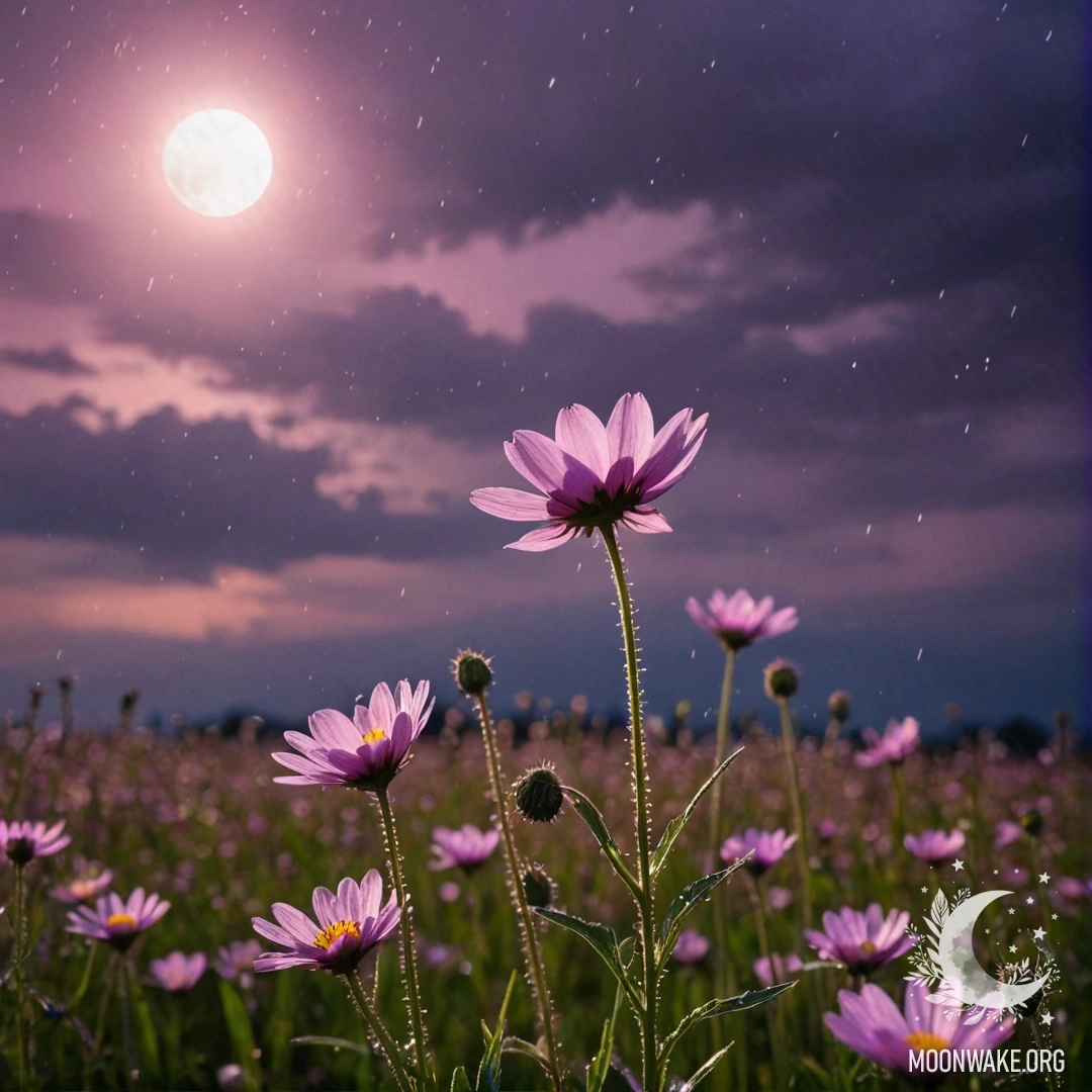 Sweet Field Flowers Against a Violet Sky Close-up of delicate field flowers with a pink violet sky and the moon in the background.
