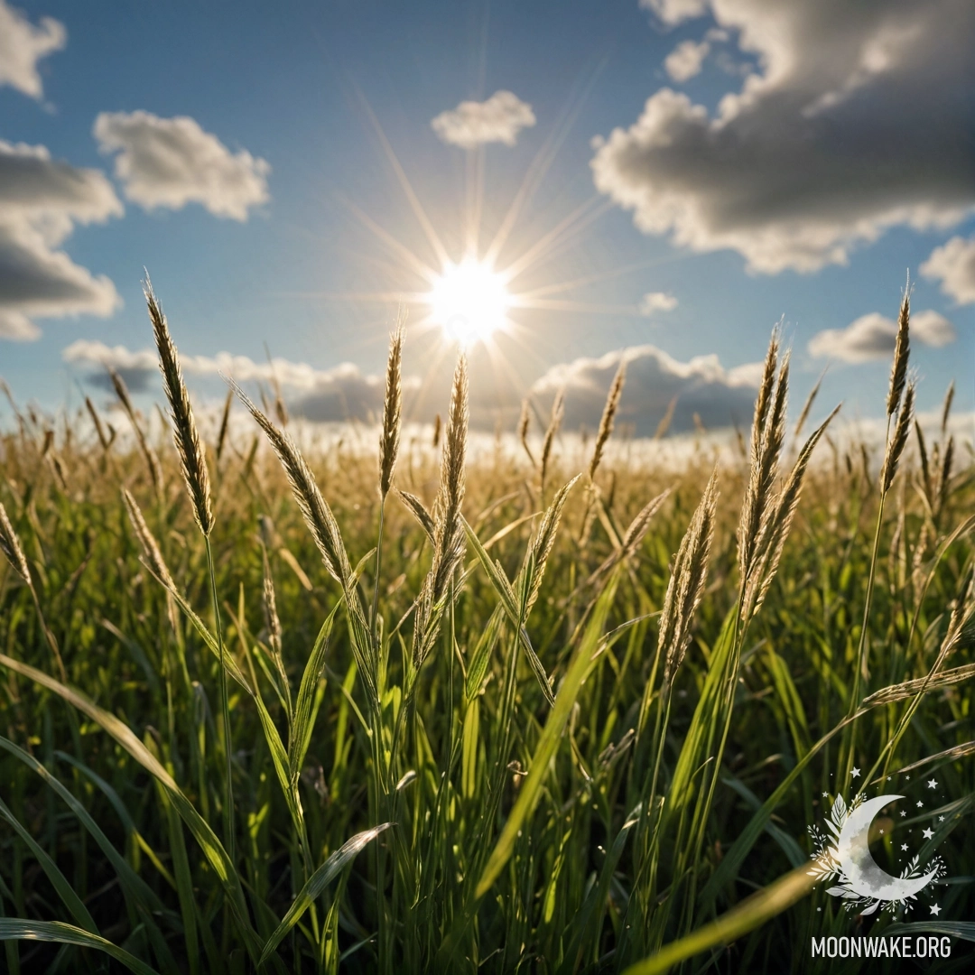 Close-up of sweet field grass against a bokeh sky with clouds and sun rays.