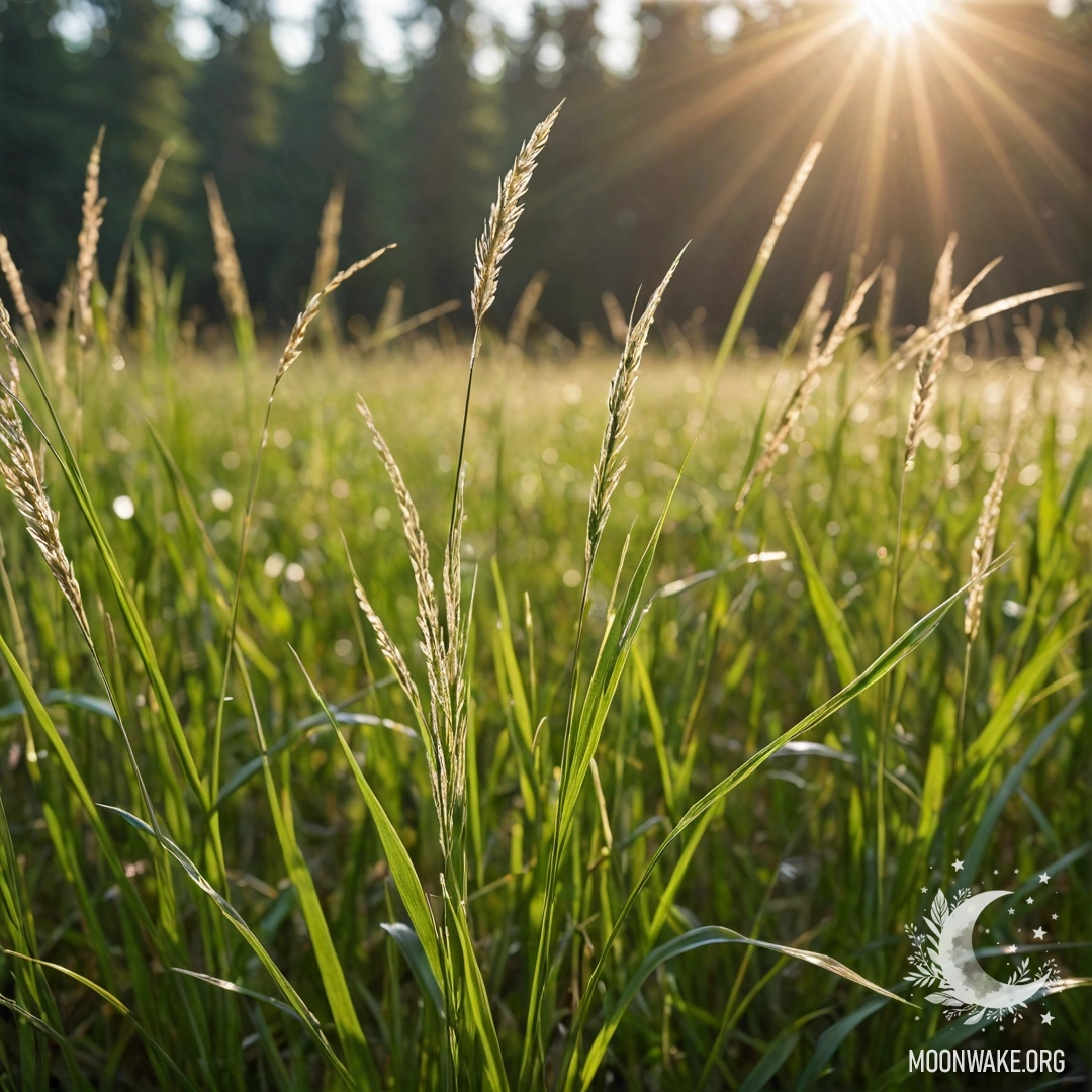 Close-up view of sweet field grass with a bokeh forest background and lens flares.