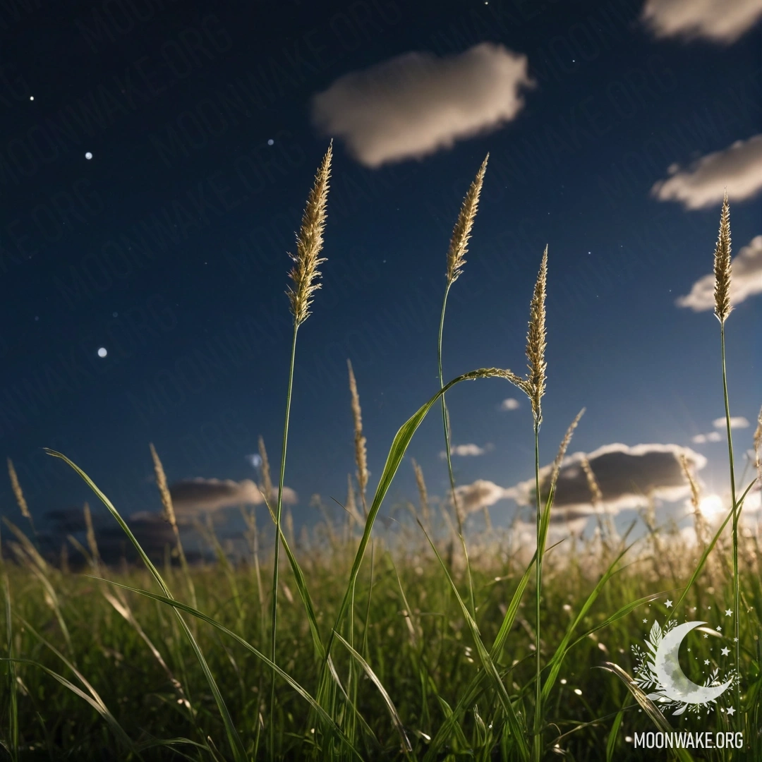 Close-up view of delicate grass blades with a bokeh sky in the background.