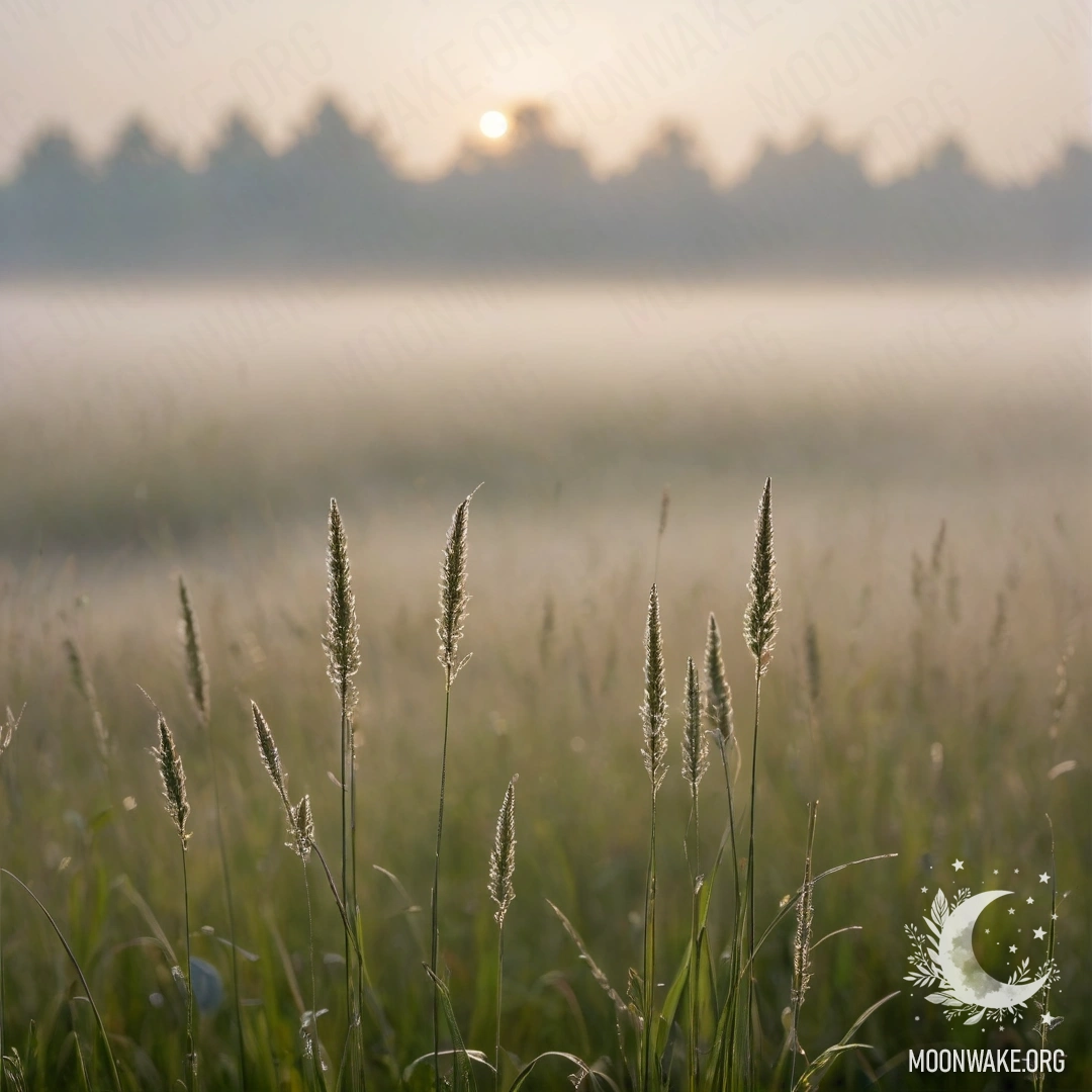 Close-up of delicate field grass against a blurred sky and clouds, enveloped in heavy fog.