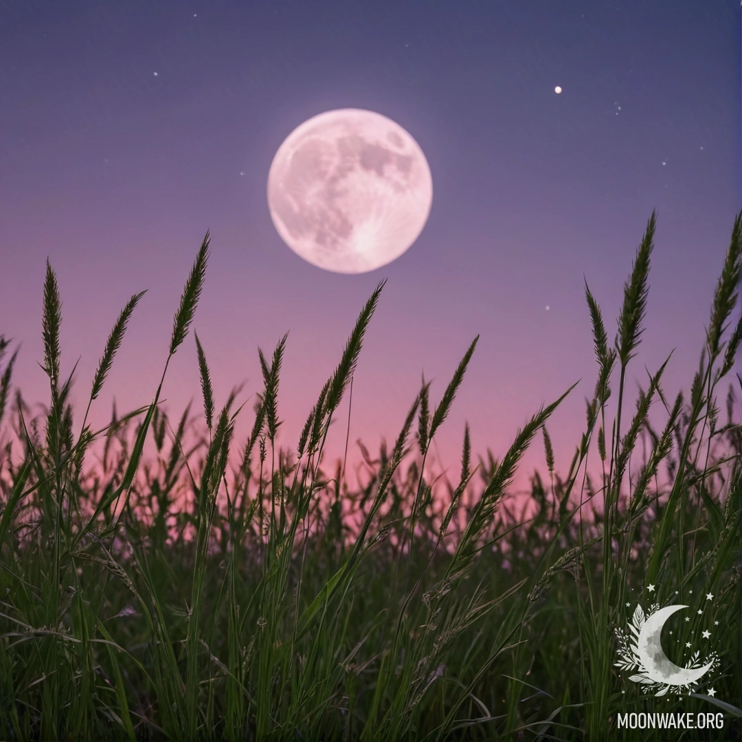 Sweet Field Grass Under the Moonlit Sky Close-up of sweet field grass against a pink violet sky with the moon
