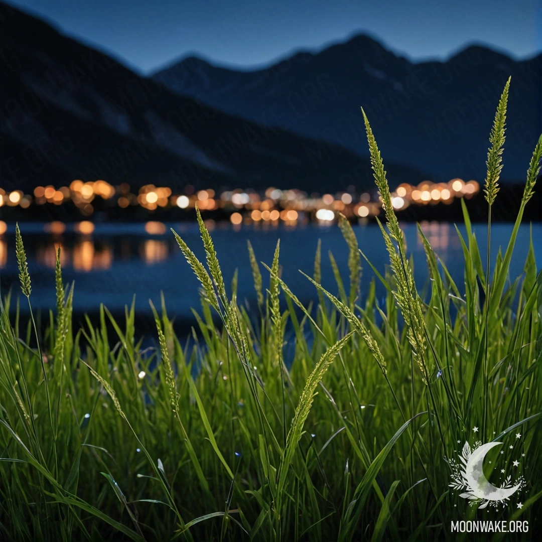 Close-up of sweet field grass with a bokeh background of a mountain lake at night.