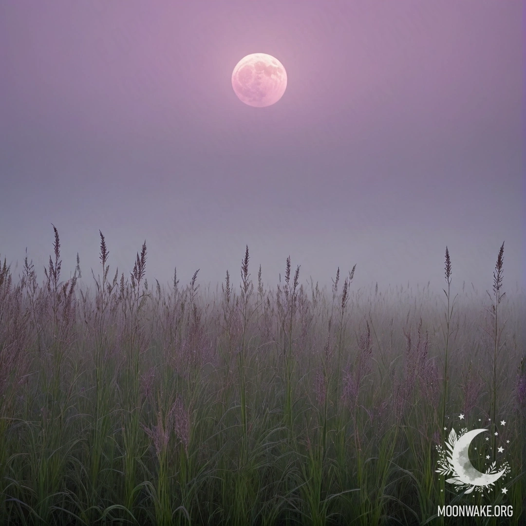 Close-up of sweet field grass with a pink violet sky and the moon in the background.