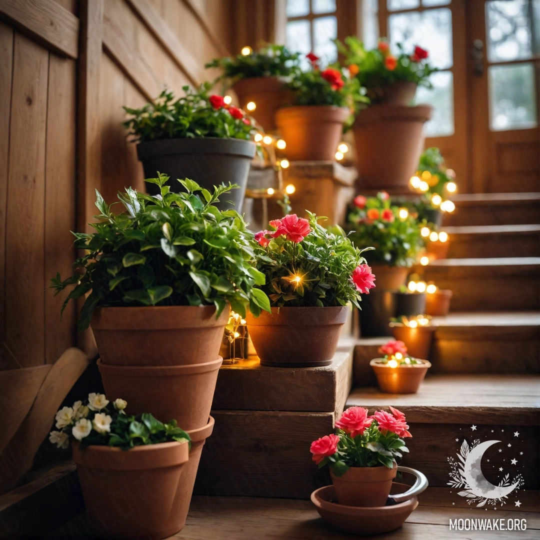 Sweet Floral Ambiance on Wooden Staircase Flowerpots with garland lights arranged on a charming wooden staircase.