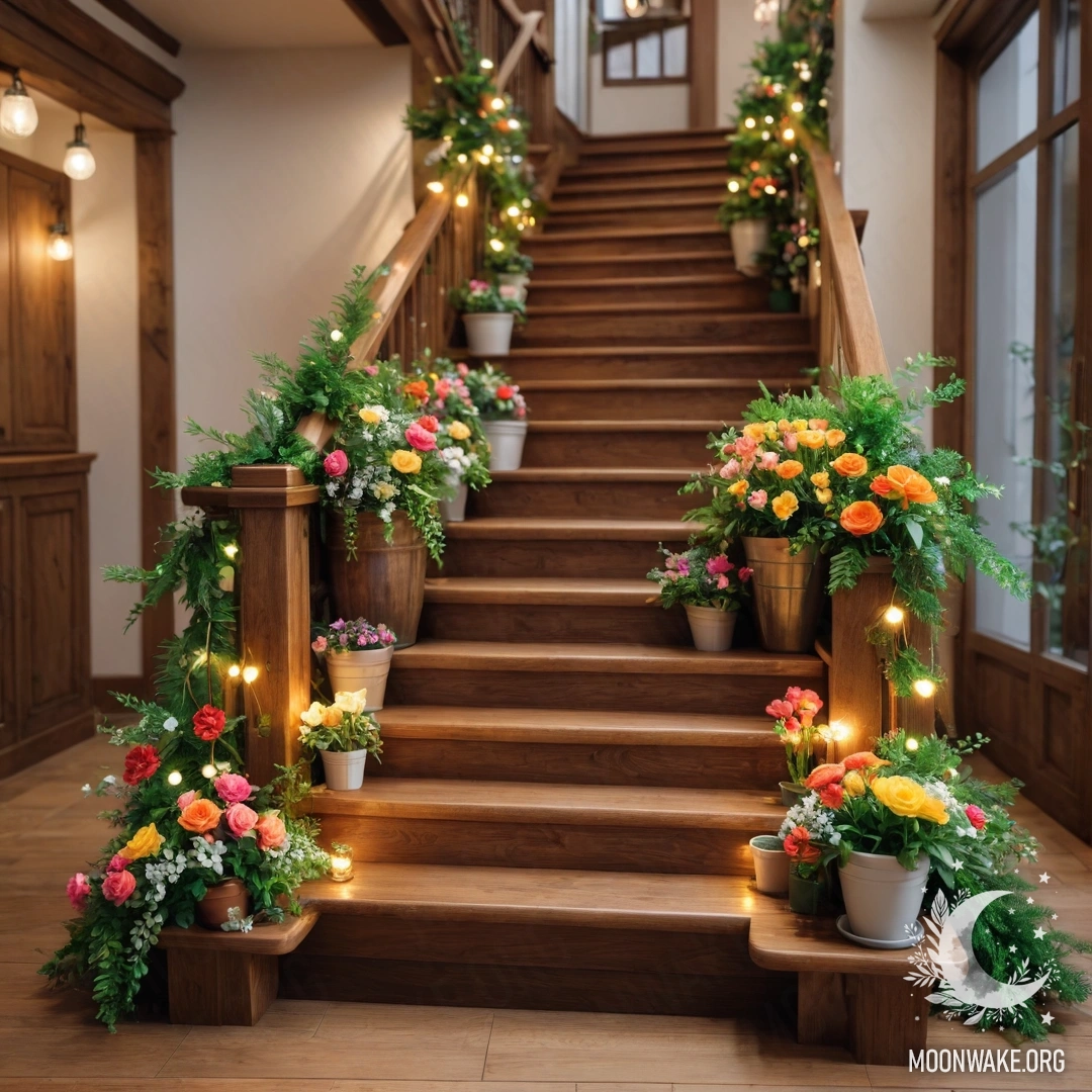 A wooden staircase adorned with flowerpots and soft garland lights.