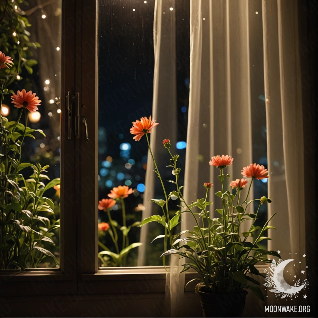 Close-up of a floral curtain with a blooming garden visible through a window at night.