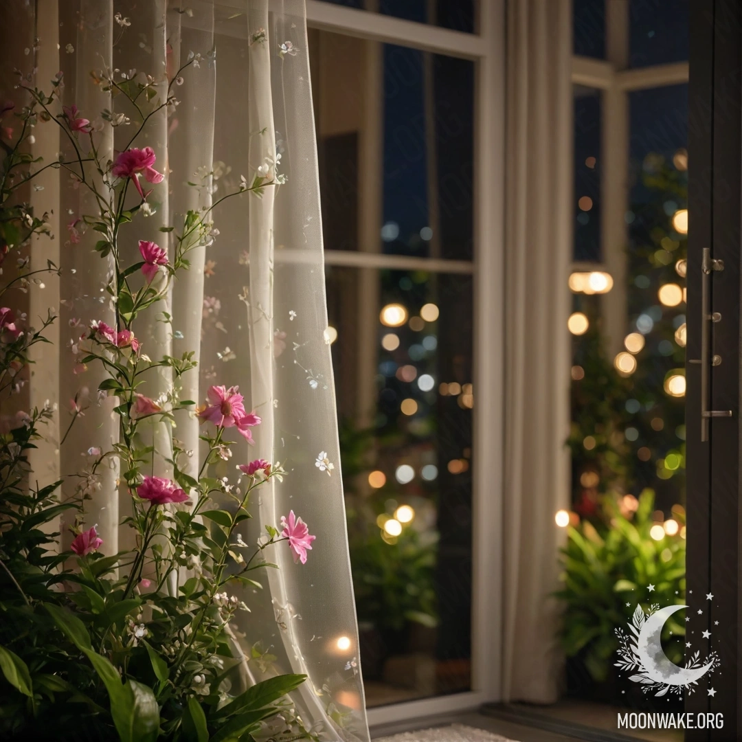Close-up of a sweet floral curtain with a blooming garden view behind it, blurred at night.