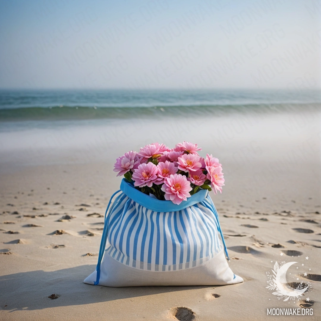 Sweet Floral Escape on the Beach A white and blue striped bag filled with pink flowers on a sandy beach with a blue sea and misty sky.