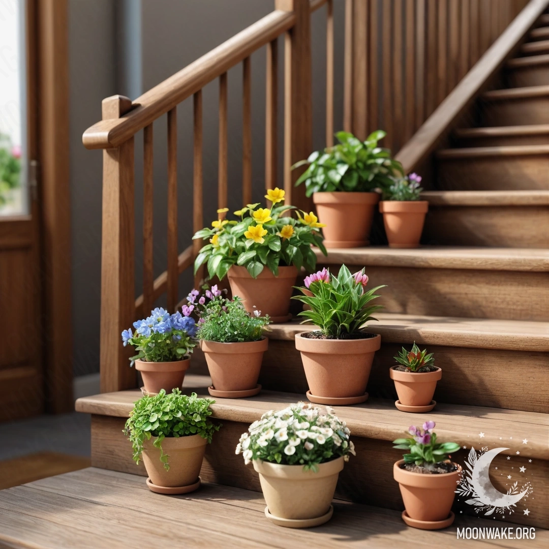 A wooden staircase adorned with flowerpots containing lilies.