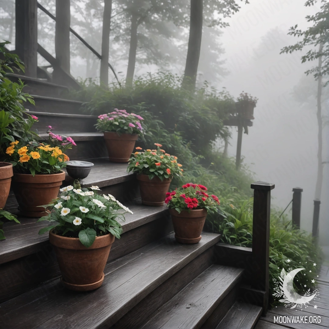 Flowerpots resting on a wooden staircase shrouded in dense fog.