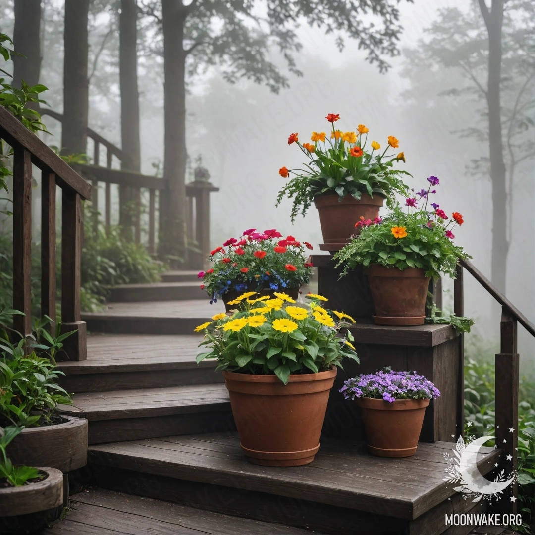 Wooden staircase adorned with flowerpots shrouded in dense fog.