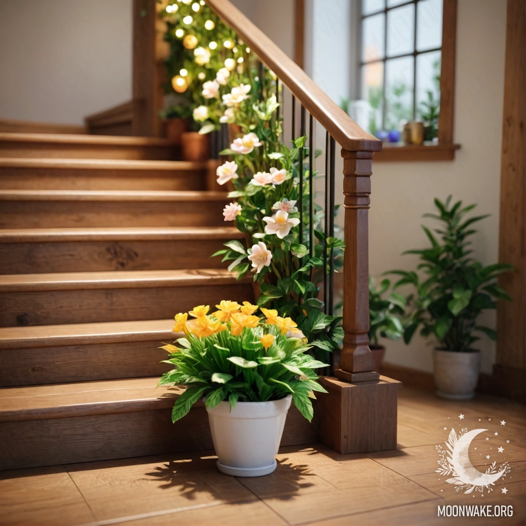 A wooden staircase adorned with flowerpots and twinkling lights