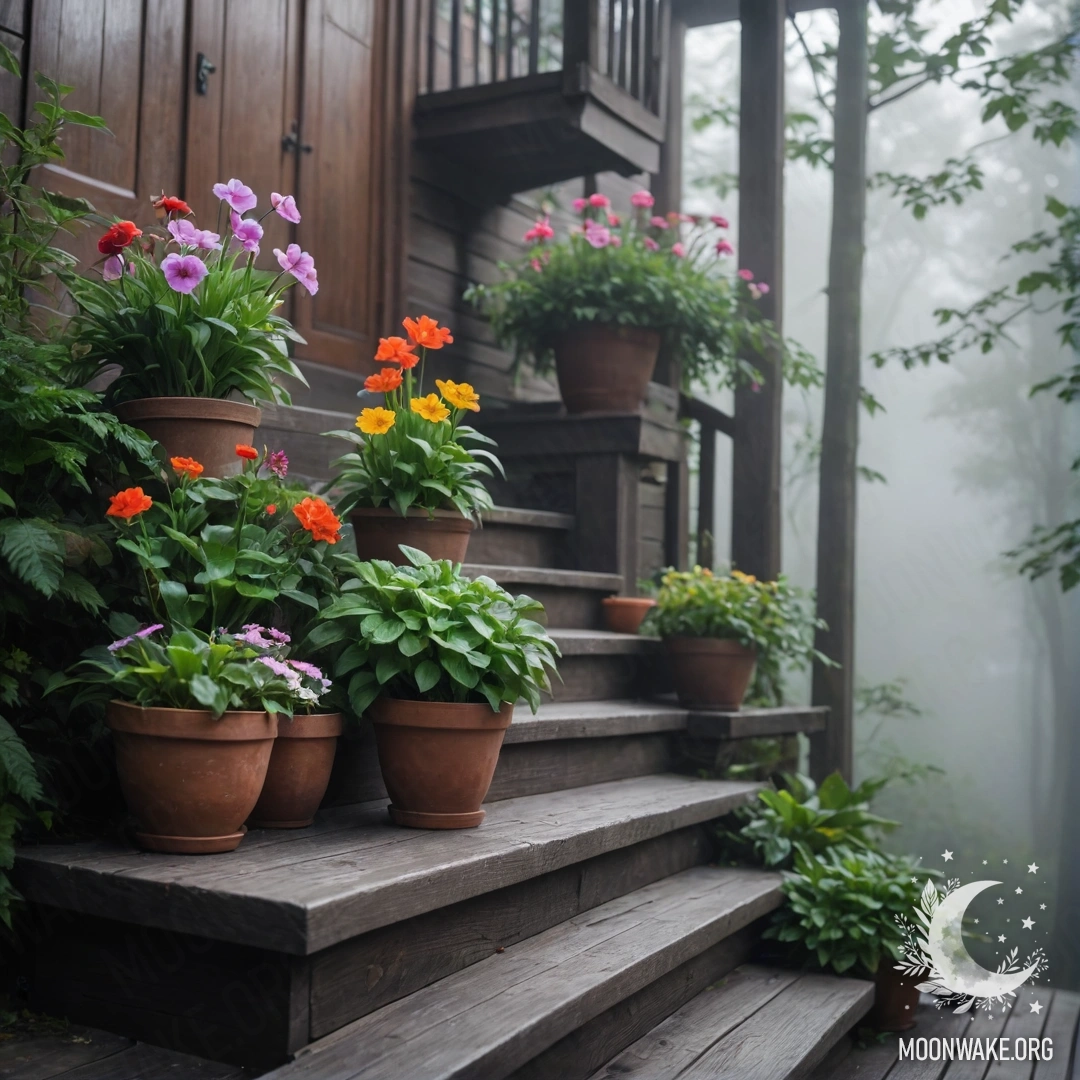 A wooden staircase adorned with flowerpots, shrouded in dense fog.
