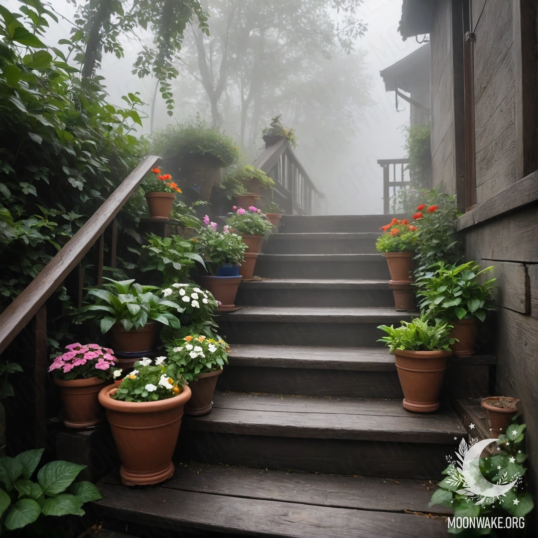 Sweet Flowerpots on a Wooden Staircase in Mist A wooden staircase adorned with flowerpots surrounded by heavy fog.