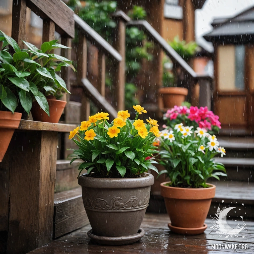 Wooden staircase with flowerpots below, drenched in rain.