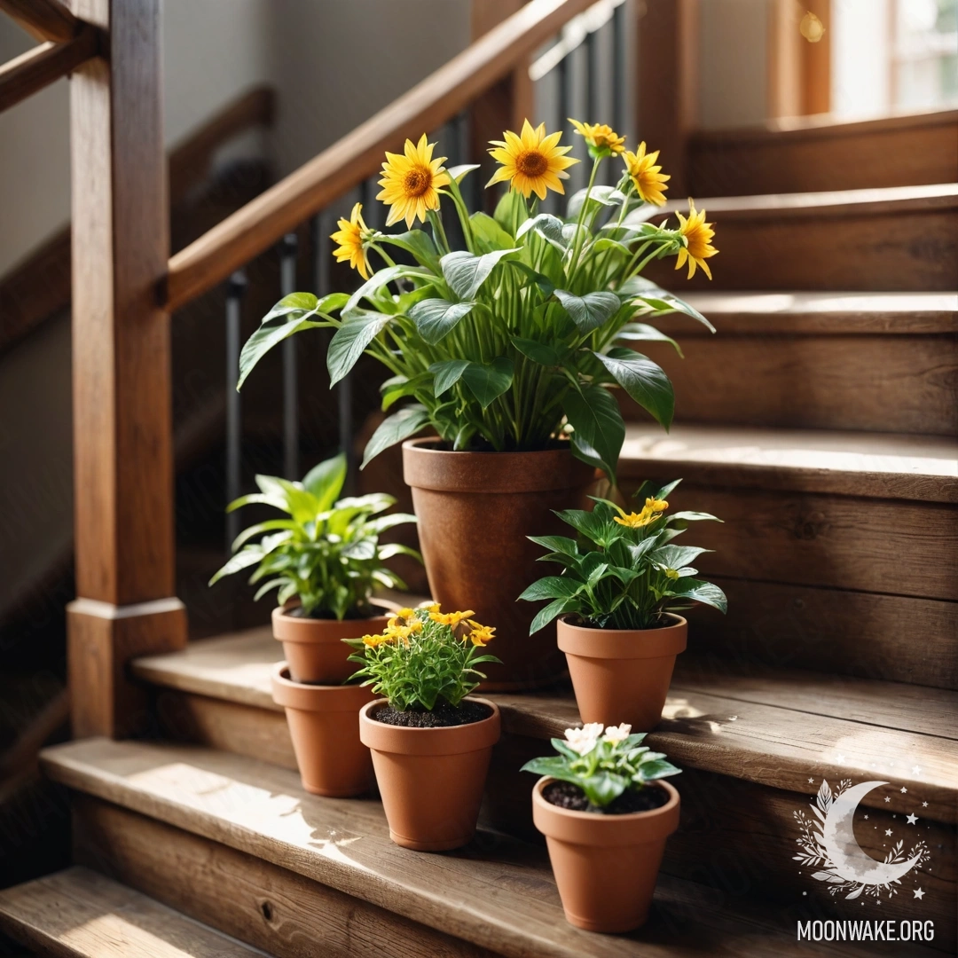 Photograph of flowerpots placed on wooden stairs with sunlight