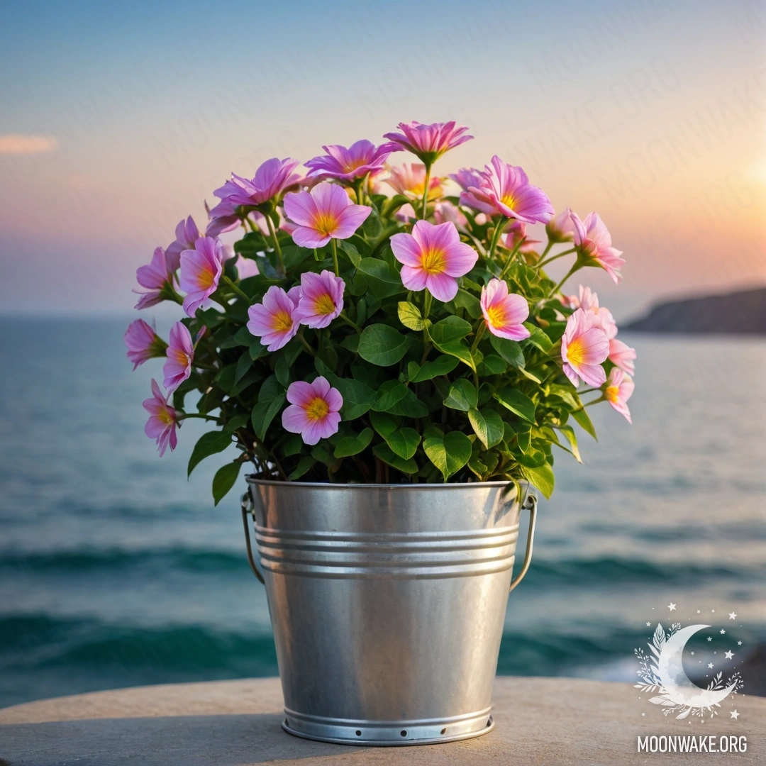 A small bucket filled with sweet flowers, set against a blurry sea background decorated with garland lights.