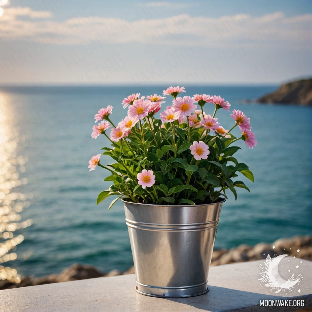 A small metal flowerpot shaped like a bucket filled with sweet flowers, set against a blurred seaside background.