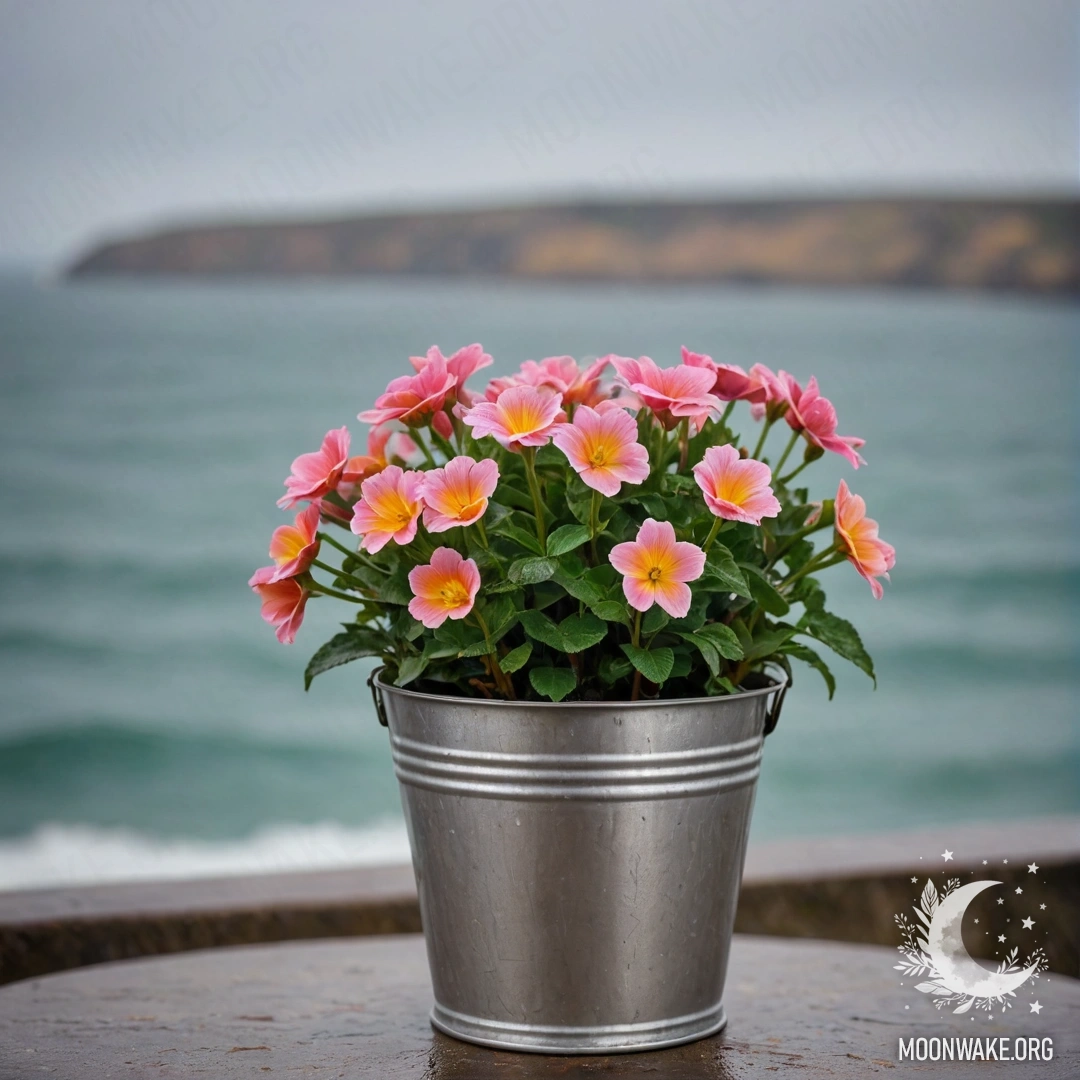 A small metal flowerpot shaped like a bucket filled with sweet flowers, set against a bokeh sea background in the rain.