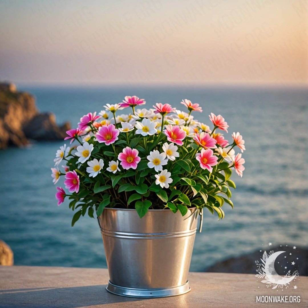Sweet Flowers in a Metal Pot by the Sea A small bucket-shaped metal flowerpot filled with sweet flowers against a blurred sea background with soft lights.