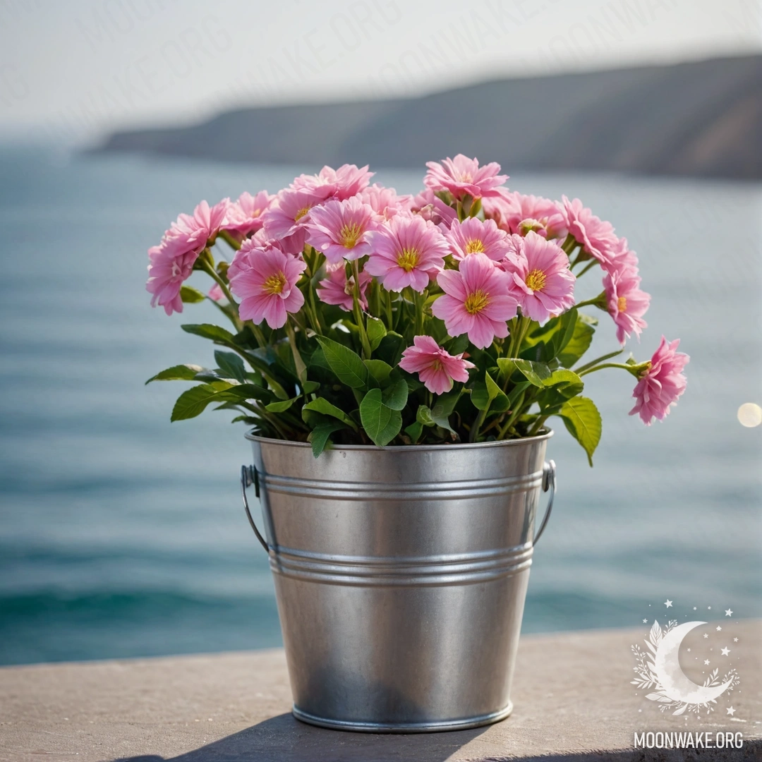 Sweet Floral Charm by the Sea A small bucket-shaped metal flowerpot filled with sweet flowers against a bokeh sea background.