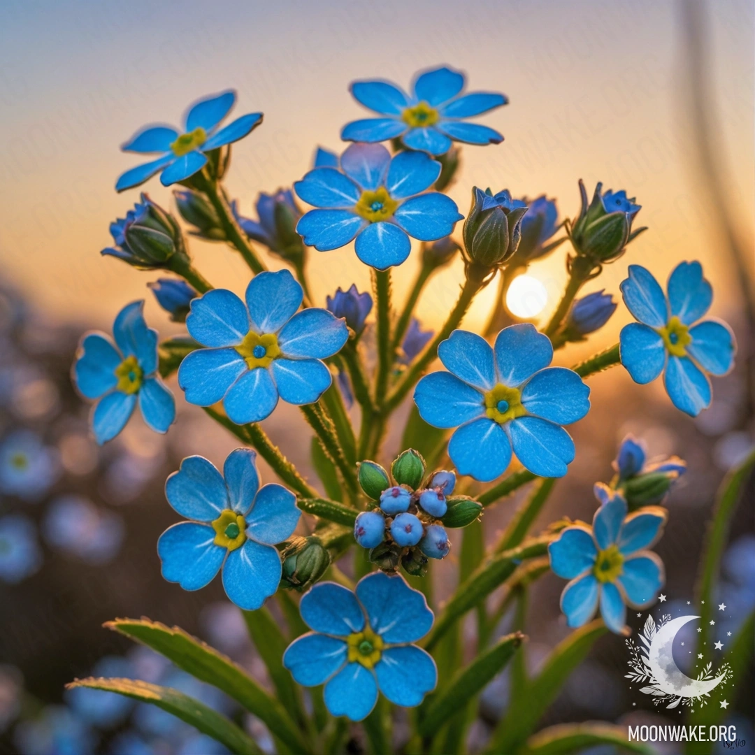 A serene scene of sweet forget-me-nots in green with glitter at sunset.