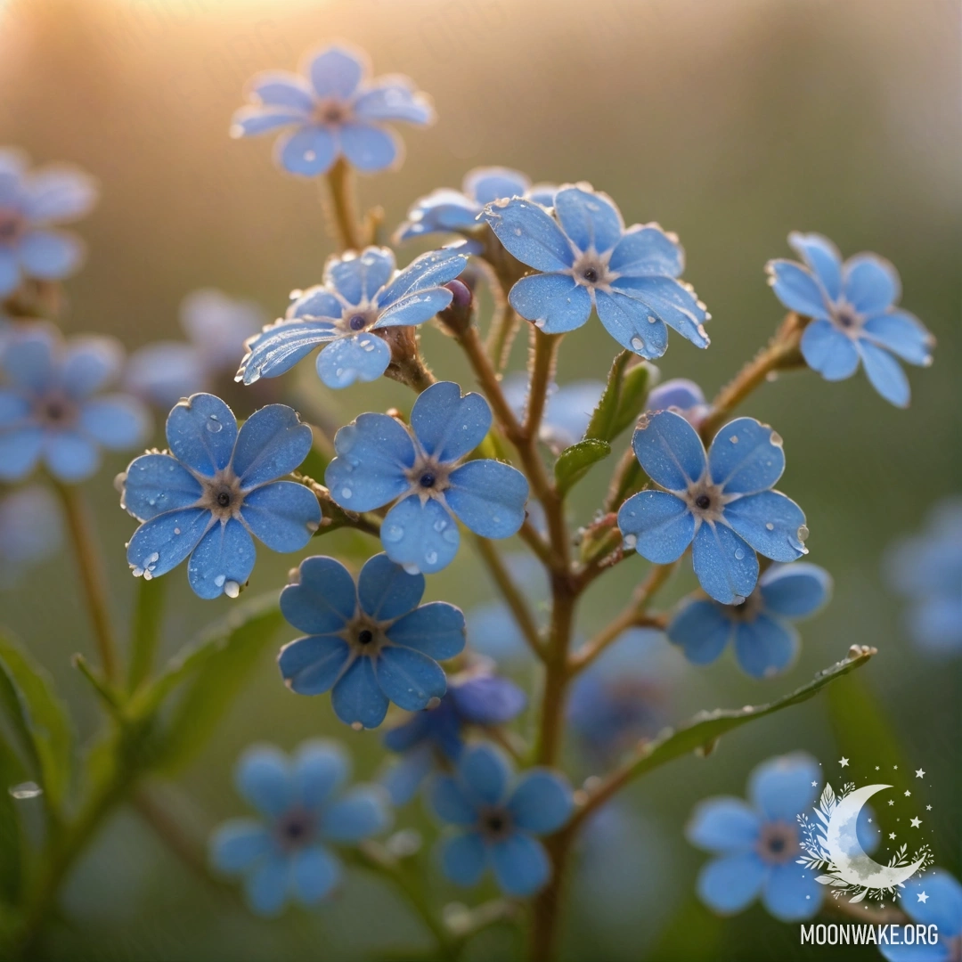Delicate forget-me-nots covered in dew at sunset, in pastel colors.