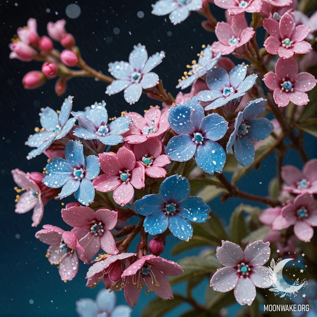 Frosty Night Blooms with Fuchsia Sequins A serene night scene featuring delicate sweet forget-me-nots in frost, adorned with fuchsia sequins.