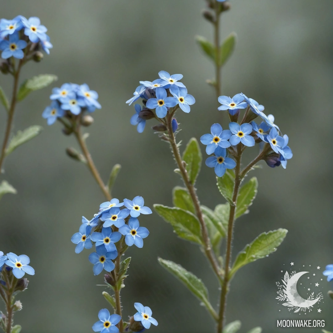 Sweet Forget-Me-Nots in Foggy Night A watercolor painting of sweet forget-me-nots enveloped in fog during nighttime with sage-colored patterns.