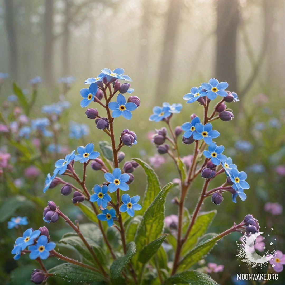 Sweet Forget-Me-Nots in the Fog A soft scene with light pink forget-me-nots surrounded by fog and sunny rays.