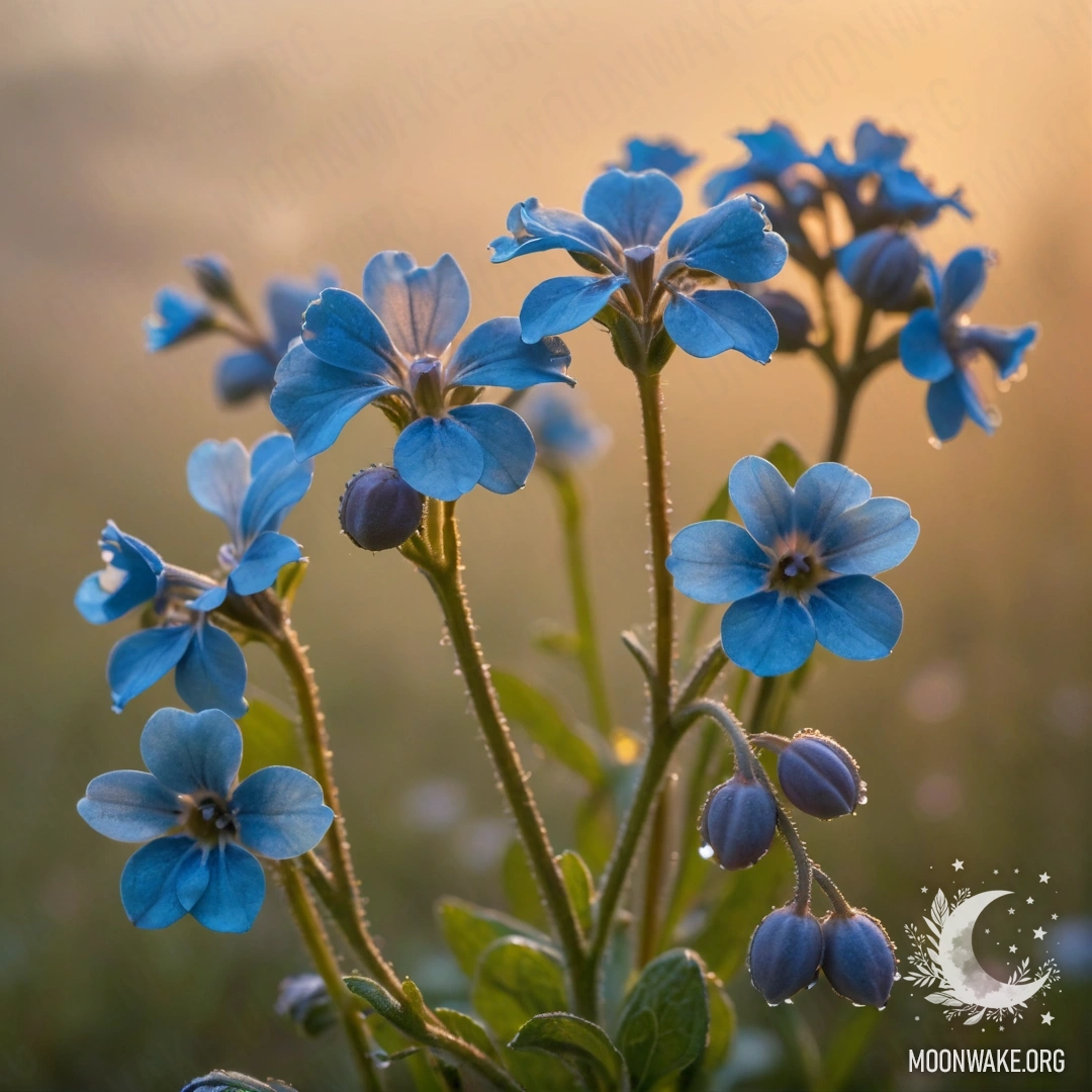 A dreamy scene of mint-colored forget-me-nots in the mist during sunset, with glimmering rhinestones.