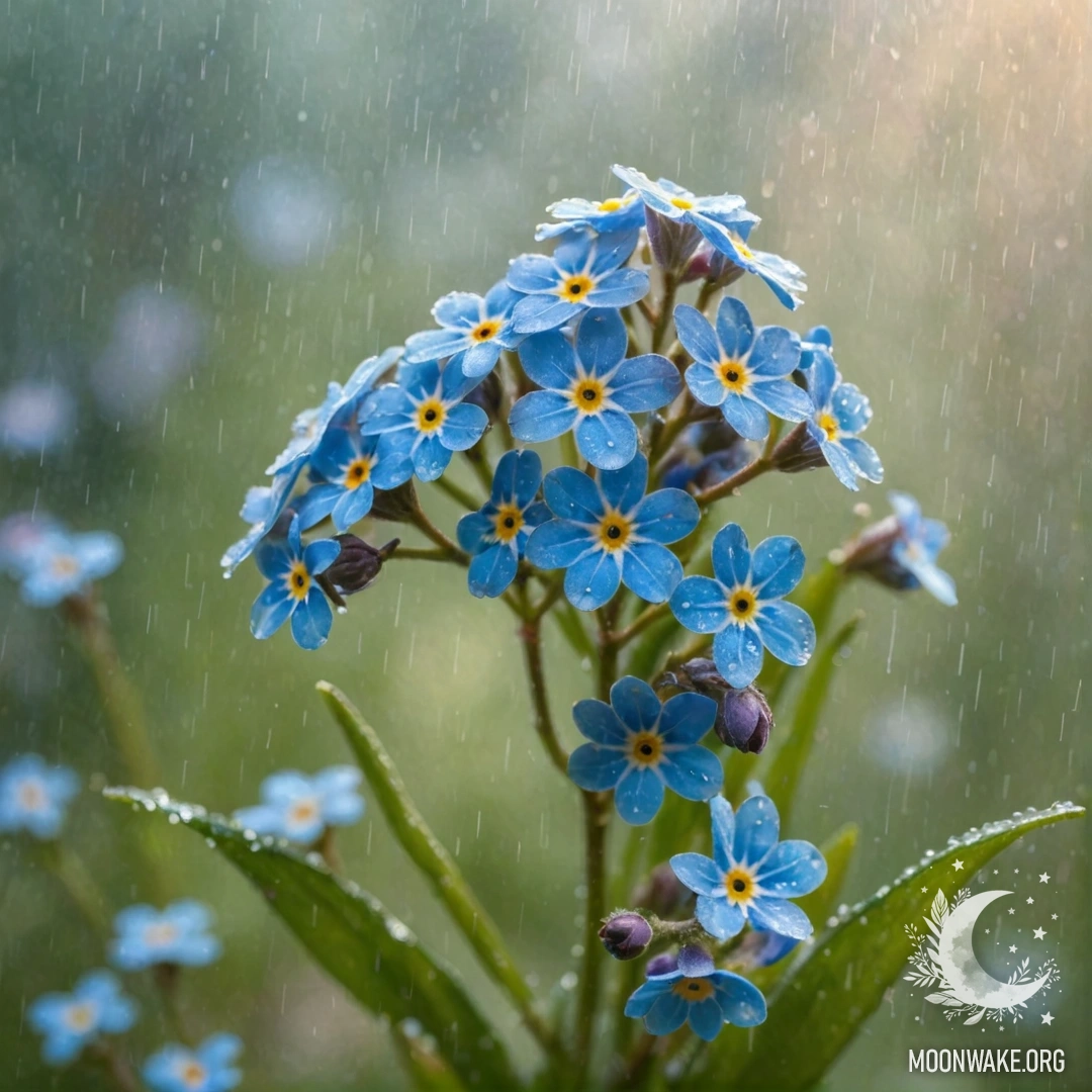 A bouquet of sky blue forget-me-nots in the mist and rain with sunshine.