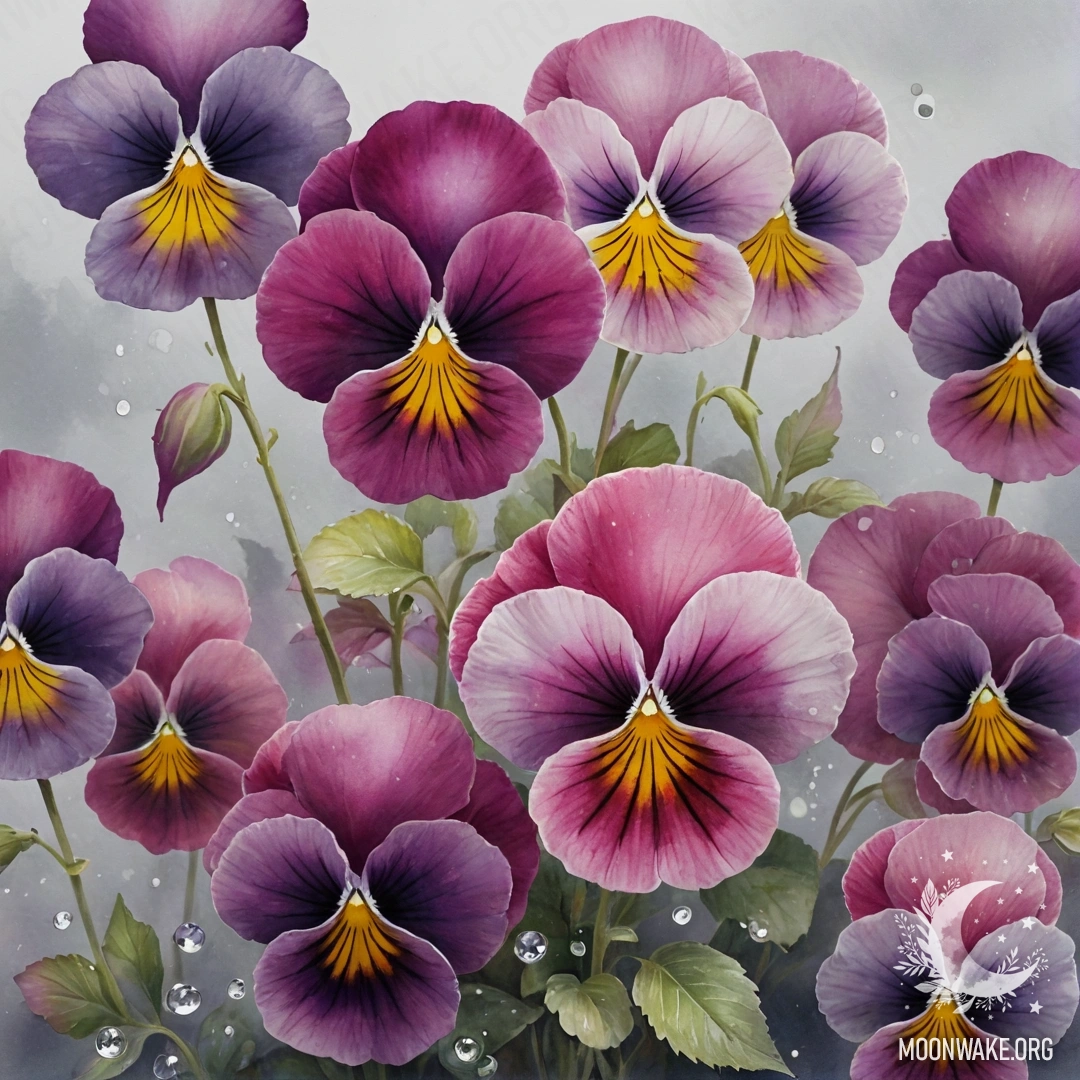 A watercolor painting of fuchsia pansies surrounded by fog and rhinestones.